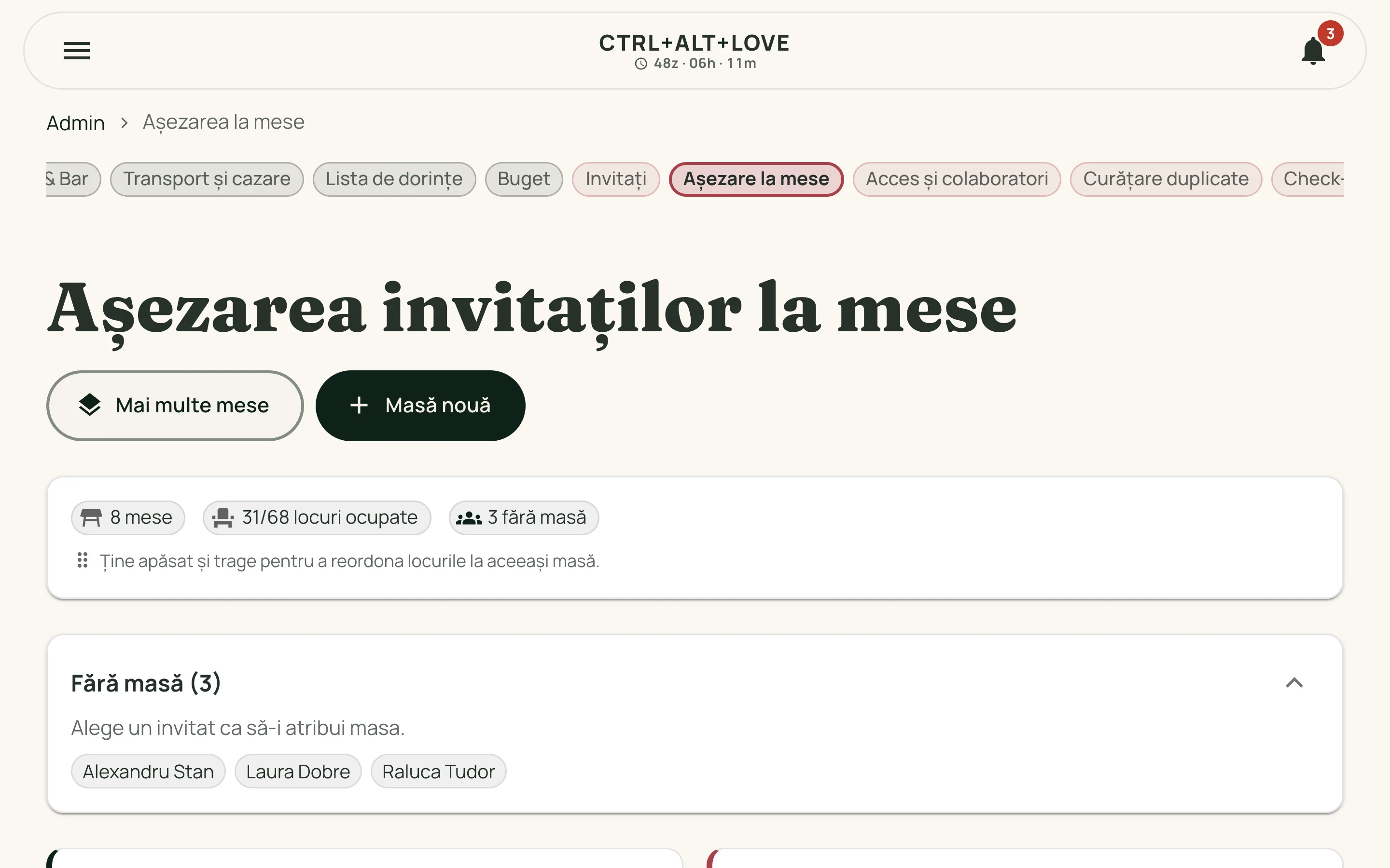 Planul meselor în panoul de administrare CTRL-ALT-LOVE
