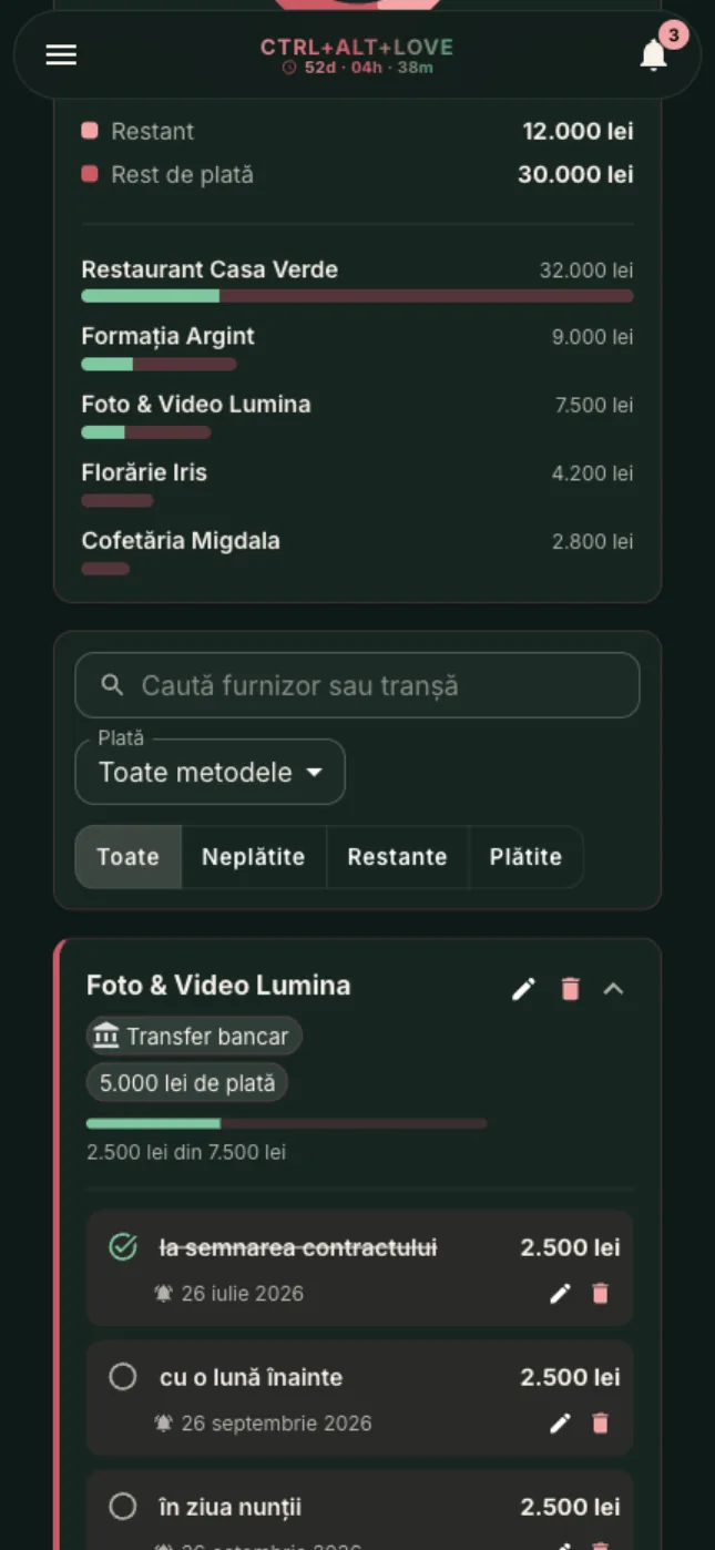 Bugetul nunții în aplicația CTRL-ALT-LOVE: furnizori, plăți și rest de plată