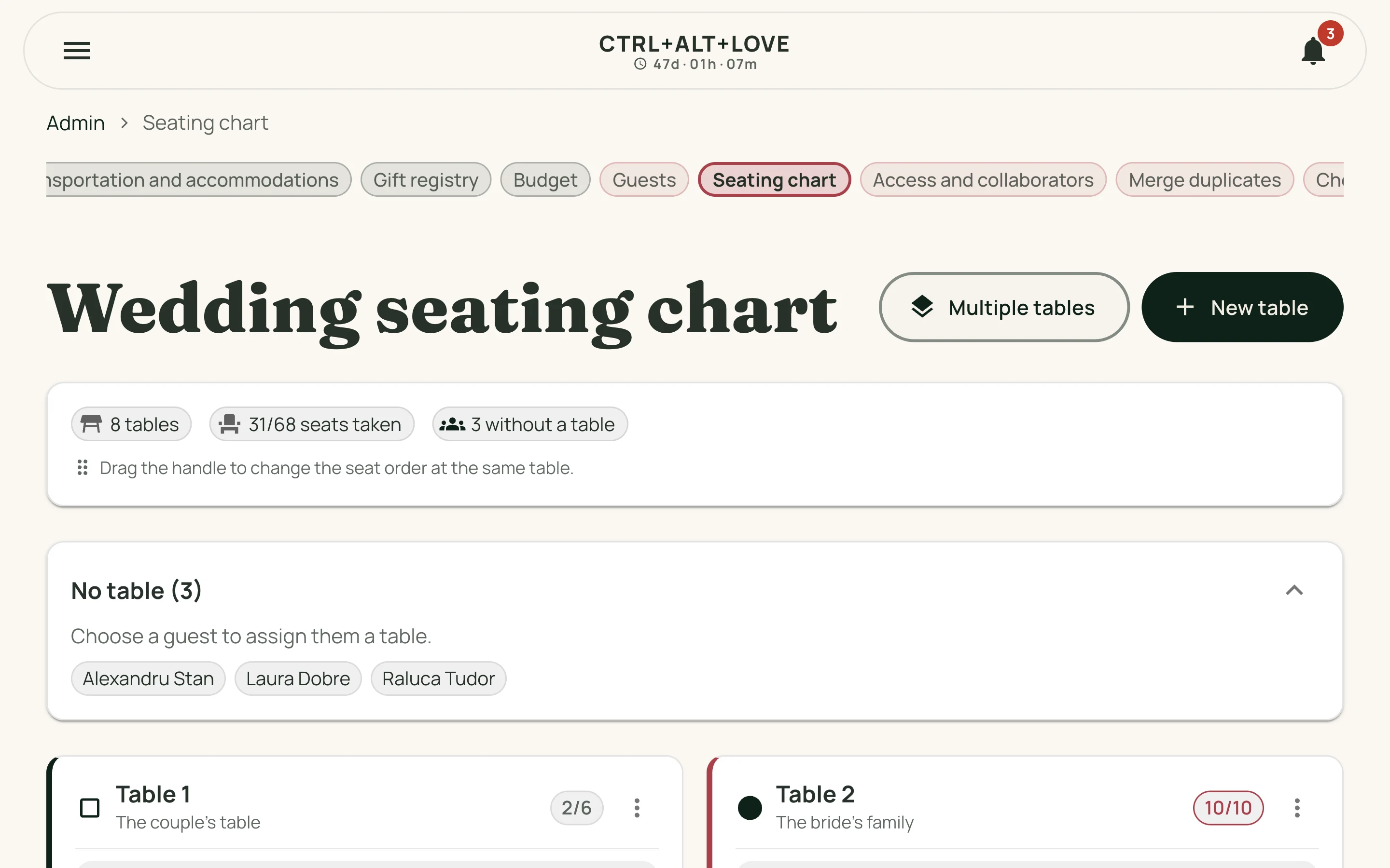 Seating chart in the CTRL-ALT-LOVE planning dashboard