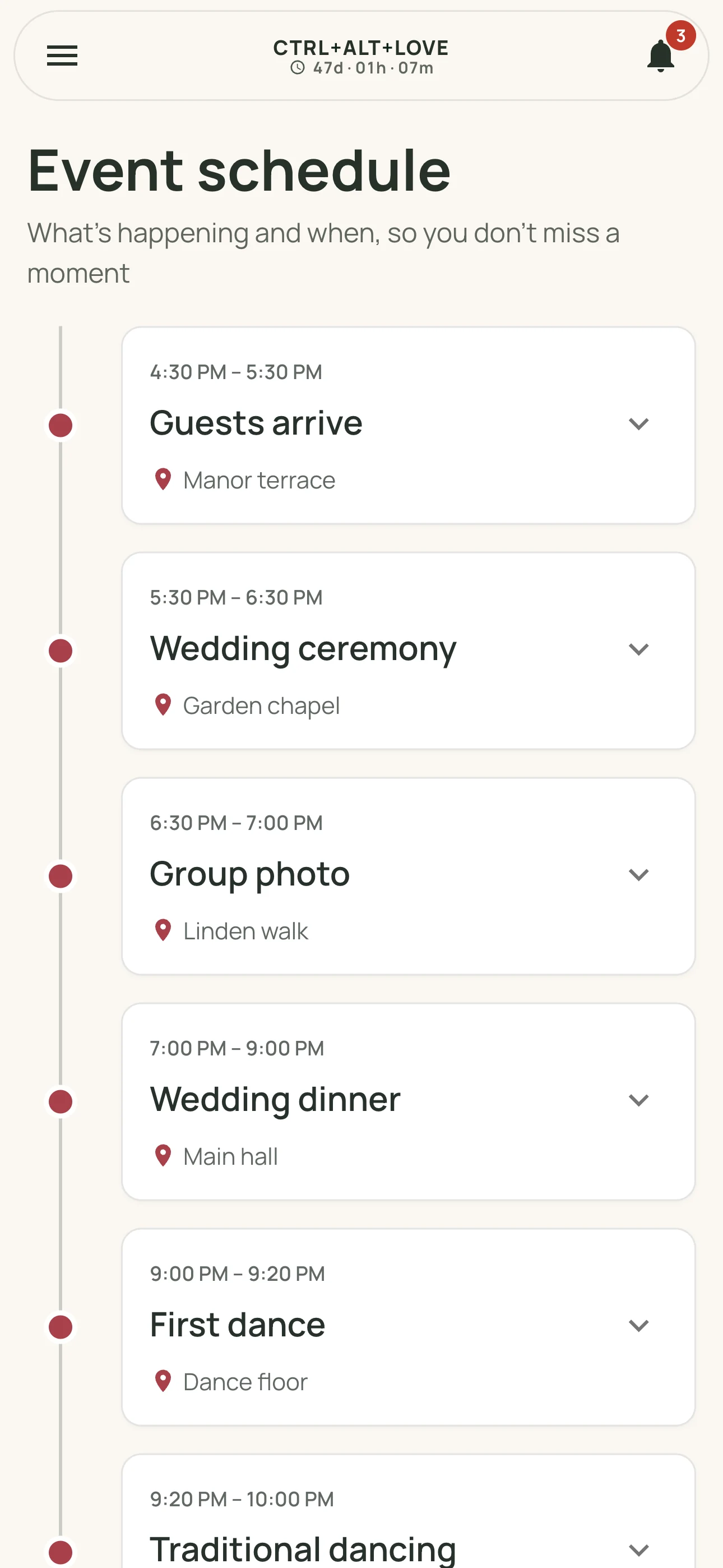 Wedding schedule on a phone in CTRL-ALT-LOVE