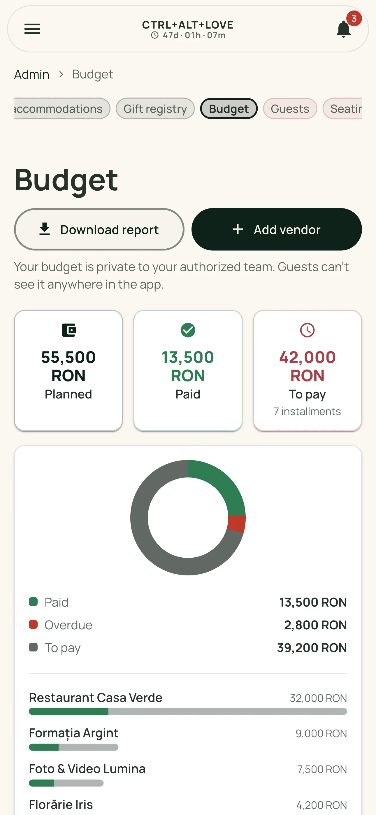 Wedding budget in CTRL-ALT-LOVE: vendors, payments, and remaining balances