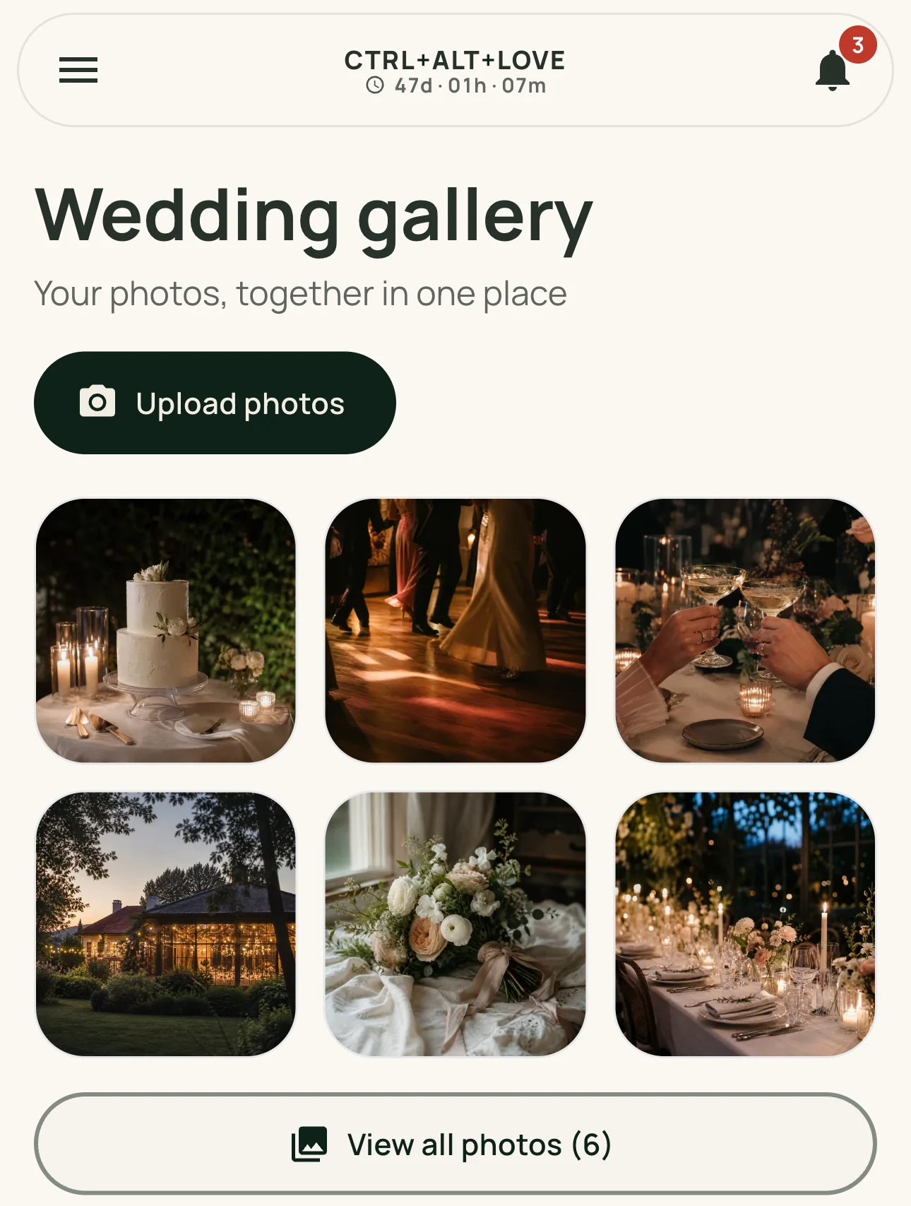 Wedding photo gallery with photos shared by guests