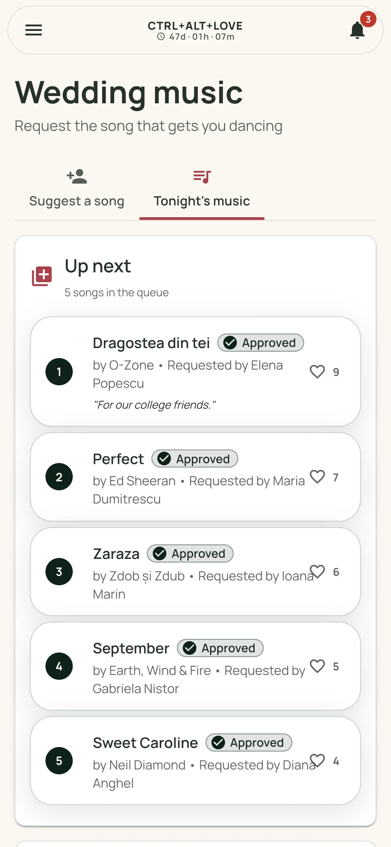 A demo wedding's music list with guest song suggestions and votes