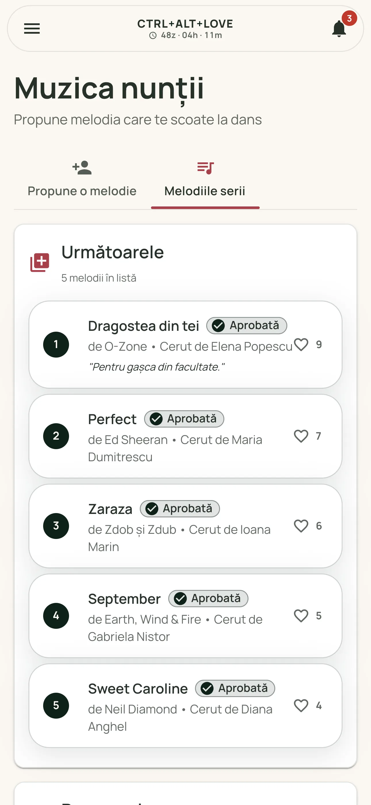 Lista de melodii a unei nunți demo, cu propunerile invitaților și voturile lor